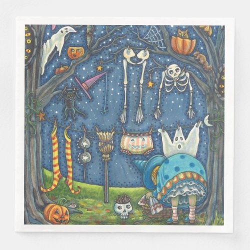 WITCH HANGING HER BLACK CAT GHOST SKELLY LAUNDRY PAPER DINNER NAPKINS