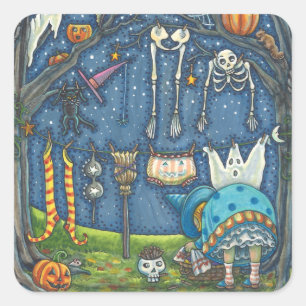 WITCH HANGING HER BLACK CAT, GHOST, SKELLY LAUNDRY SQUARE STICKER
