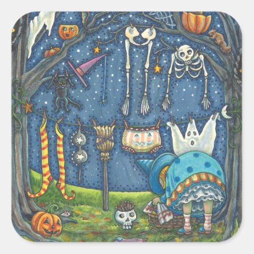 WITCH HANGING HER BLACK CAT GHOST SKELLY LAUNDRY SQUARE STICKER