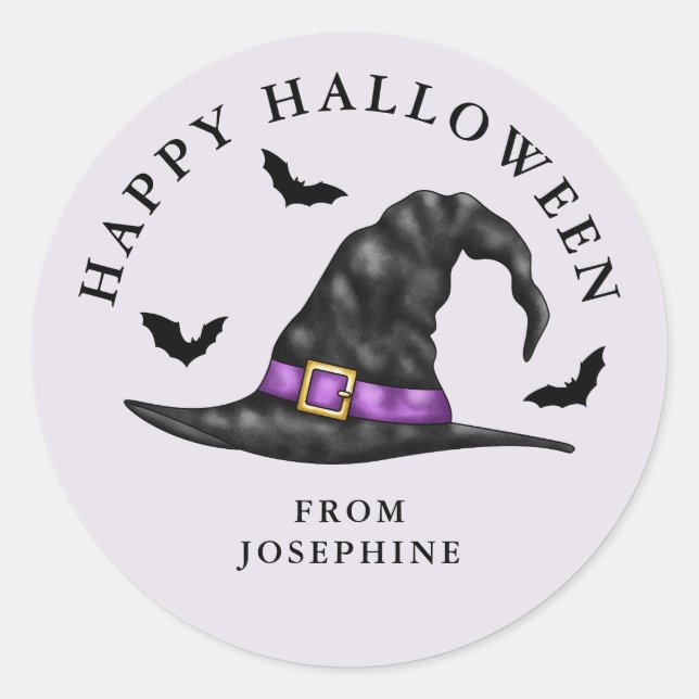 Witch Hat And Bats Lilac Happy Halloween Classic Round Sticker (Front)