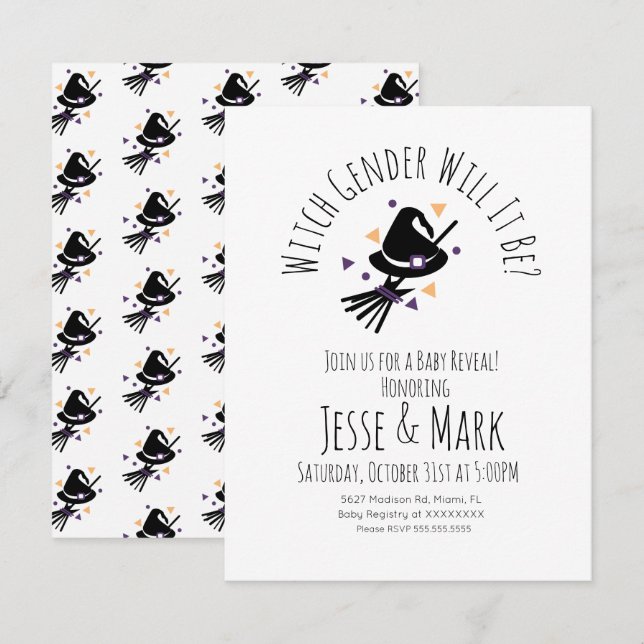 Witch Hat and Broom Halloween Fall Gender Reveal Invitation (Front/Back)