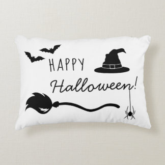 Witch Hat And Broom With Spider And Bats Halloween Accent Pillow