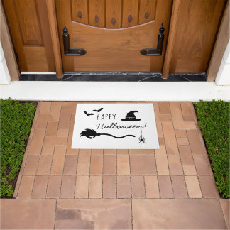 Witch Hat And Broom With Spider And Bats Halloween Doormat
