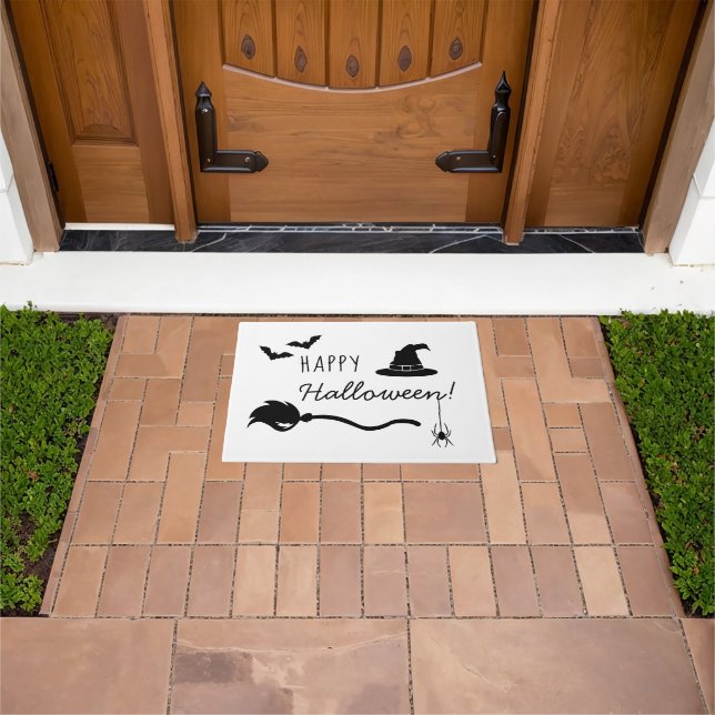 Witch Hat And Broom With Spider And Bats Halloween Doormat (Outdoor)