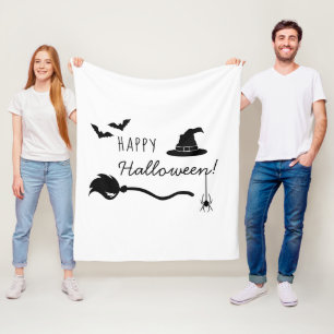 Witch Hat And Broom With Spider And Bats Halloween Fleece Blanket