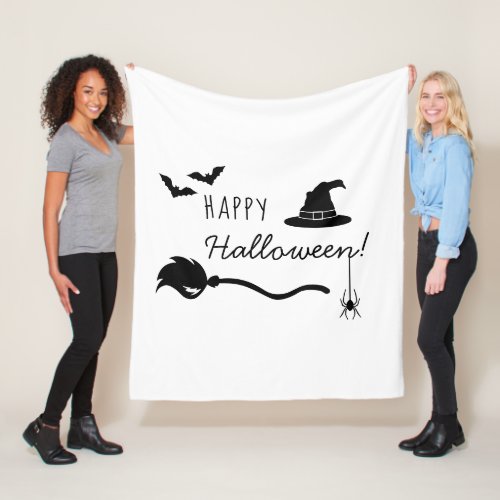 Witch Hat And Broom With Spider And Bats Halloween Fleece Blanket