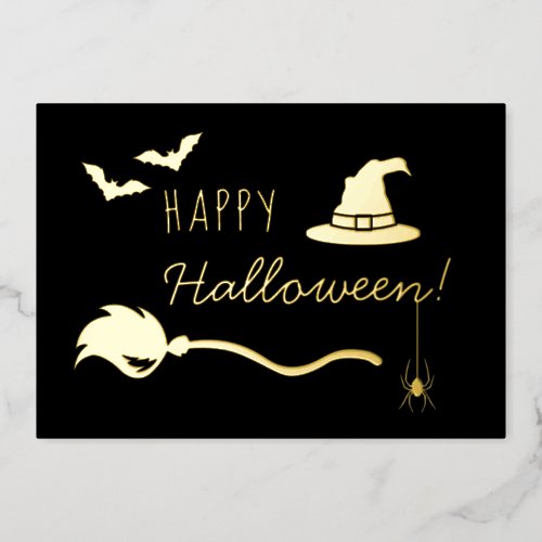 Witch Hat And Broom With Spider And Bats Halloween Foil Holiday Card