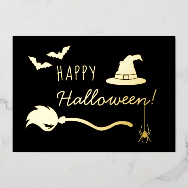 Witch Hat And Broom With Spider And Bats Halloween Foil Holiday Card (Front)