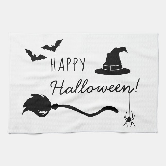 Witch Hat And Broom With Spider And Bats Halloween Kitchen Towel (Horizontal)