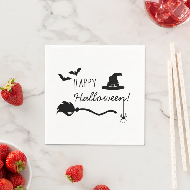 Witch Hat And Broom With Spider And Bats Halloween Napkins (Insitu)