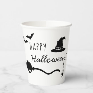 Witch Hat And Broom With Spider And Bats Halloween Paper Cups