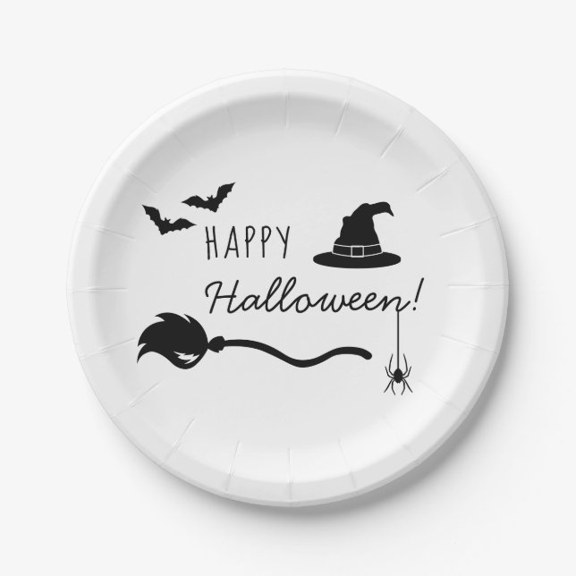 Witch Hat And Broom With Spider And Bats Halloween Paper Plates (Front)