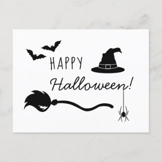 Witch Hat And Broom With Spider And Bats Halloween Postcard