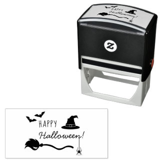 Witch Hat And Broom With Spider And Bats Halloween Self-inking Stamp