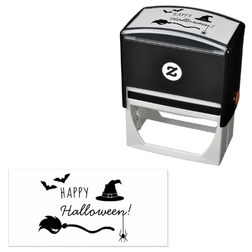 Witch Hat And Broom With Spider And Bats Halloween Self_inking Stamp