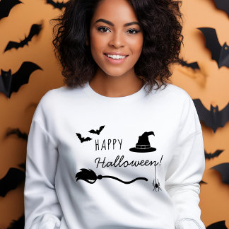 Witch Hat And Broom With Spider And Bats Halloween Sweatshirt