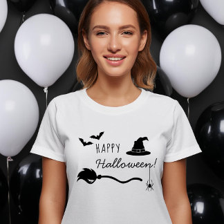 Witch Hat And Broom With Spider And Bats Halloween T-Shirt