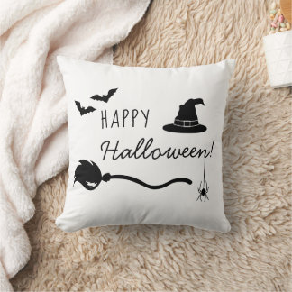 Witch Hat And Broom With Spider And Bats Halloween Throw Pillow
