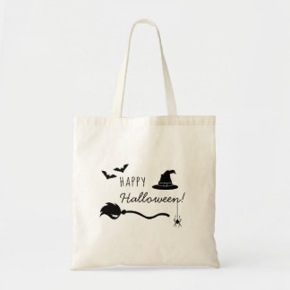 Witch Hat And Broom With Spider And Bats Halloween Tote Bag