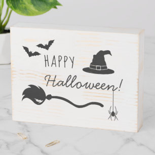 Witch Hat And Broom With Spider And Bats Halloween Wooden Box Sign