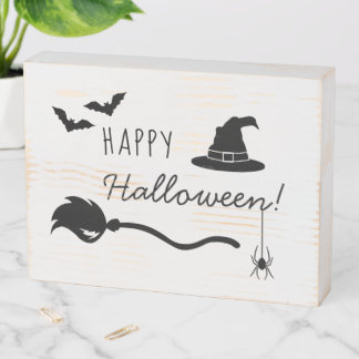 Witch Hat And Broom With Spider And Bats Halloween Wooden Box Sign