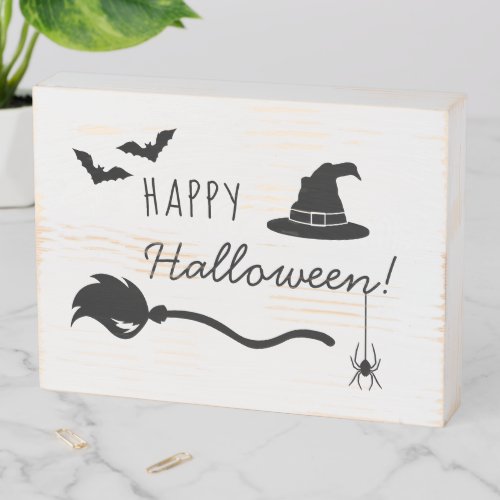 Witch Hat And Broom With Spider And Bats Halloween Wooden Box Sign