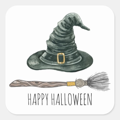 Witch Hat And Broomstick Halloween Party Square Sticker