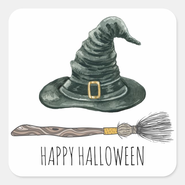 Witch Hat And Broomstick Halloween Party Square Sticker (Front)