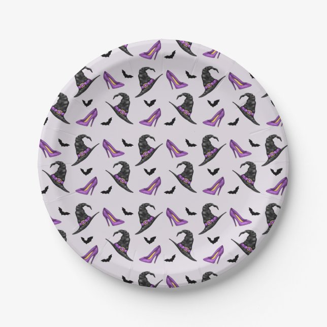 Witch Hat And Heels With Bats Halloween Pattern Paper Plates (Front)