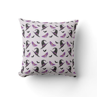 Witch Hat And Heels With Bats Halloween Pattern Throw Pillow