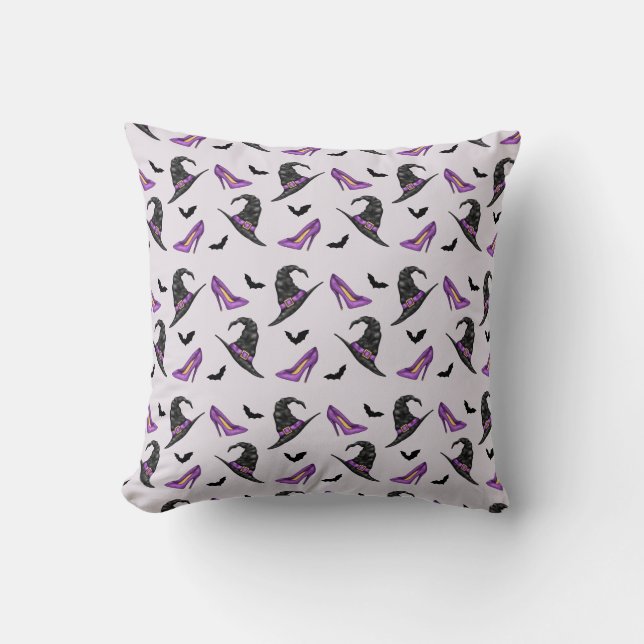 Witch Hat And Heels With Bats Halloween Pattern Throw Pillow (Front)