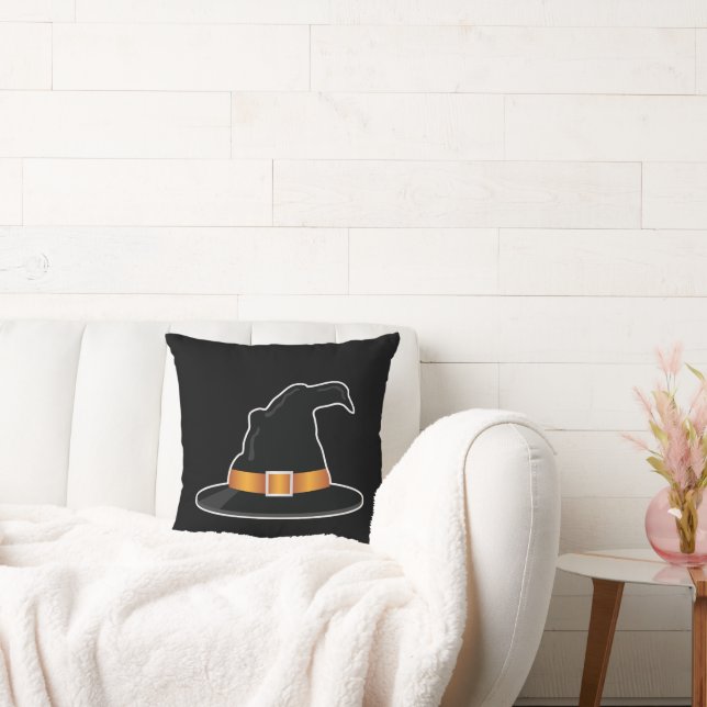 Witch Hat And Orange Witch's Hat Halloween Black Throw Pillow (Couch)