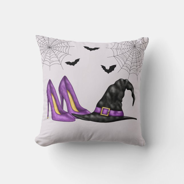 Witch Hat And Purple Shoes Whimsical Halloween Throw Pillow (Front)