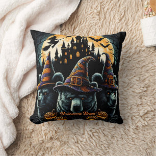 Witch hat bears under full moon throw pillow