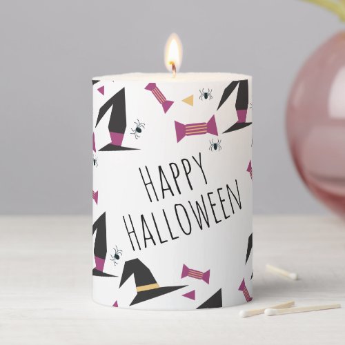 Witch Hat Black Spiders Happy Halloween Pillar Candle