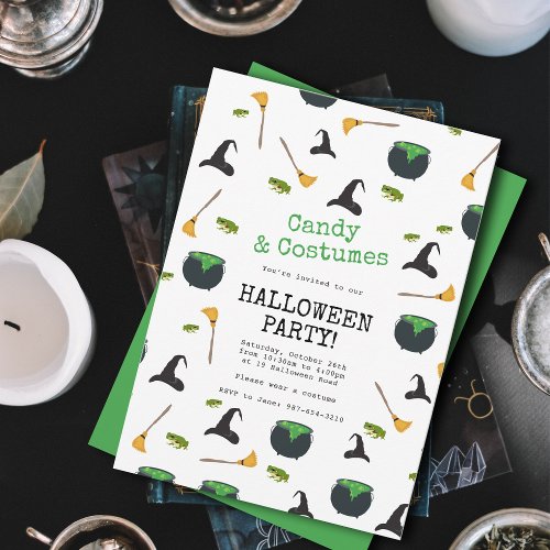 Witch Hat Broom Caldron Green Halloween Party Invitation