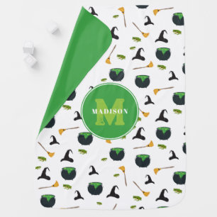 Witch Hat Broom Caldron Halloween Monogram Baby Blanket