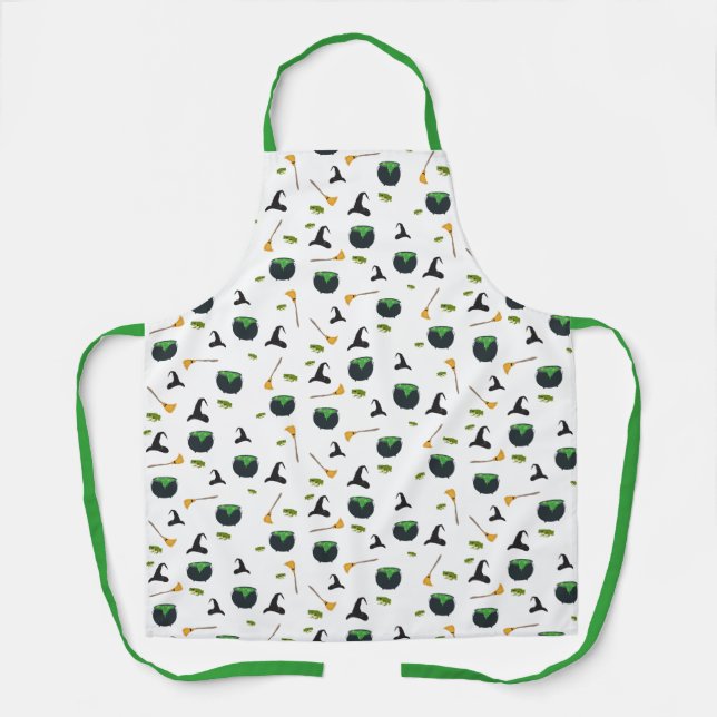 Witch Hat Broom Caldron Halloween Pattern Apron (Front)