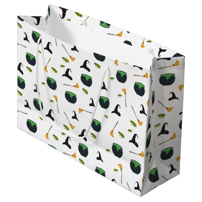 Witch Hat Broom Caldron Halloween Pattern Large Gift Bag (Front Angled)