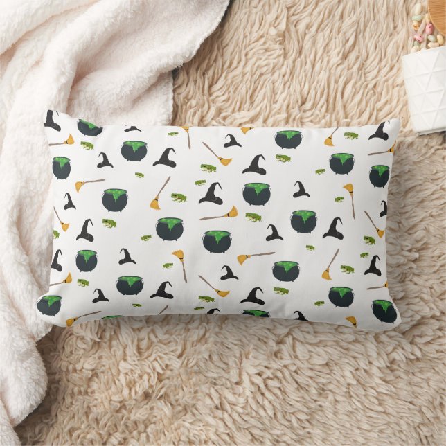 Witch Hat Broom Caldron Halloween Pattern Lumbar Pillow (Blanket)