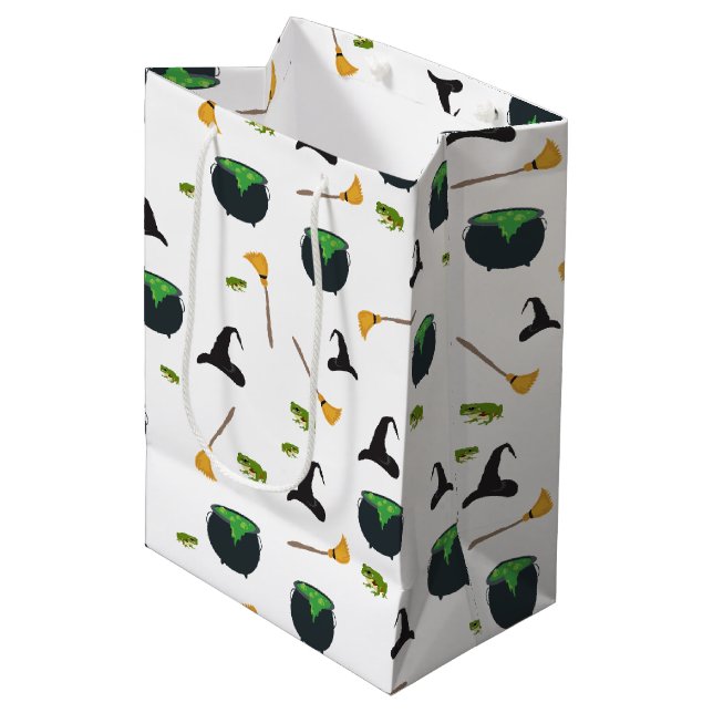 Witch Hat Broom Caldron Halloween Pattern Medium Gift Bag (Front Angled)