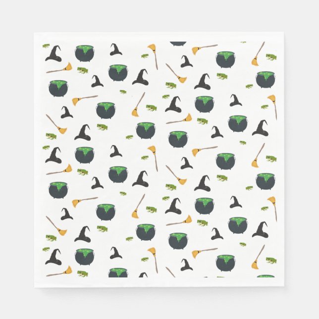 Witch Hat Broom Caldron Halloween Pattern Napkins (Front)