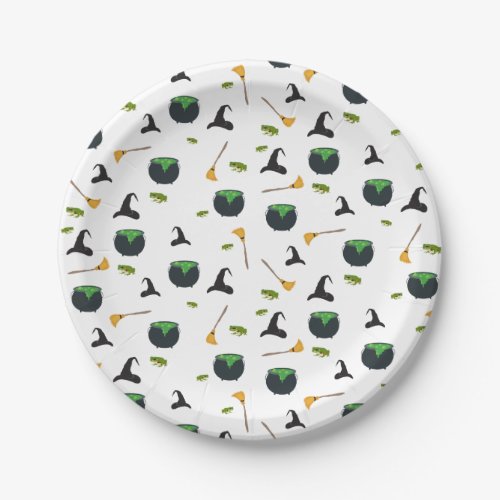 Witch Hat Broom Caldron Halloween Pattern Paper Plates