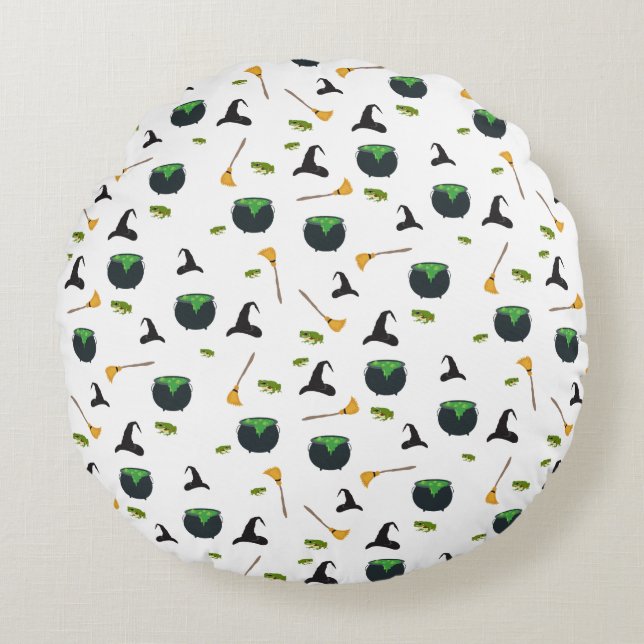 Witch Hat Broom Caldron Halloween Pattern Round Pillow (Front)