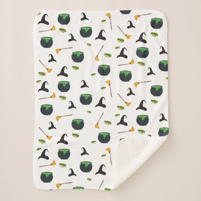 Witch Hat Broom Caldron Halloween Pattern Sherpa Blanket (Front)