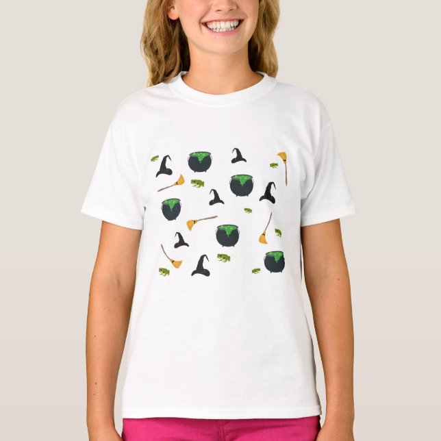 Witch Hat Broom Caldron Halloween Pattern T-Shirt (Front)