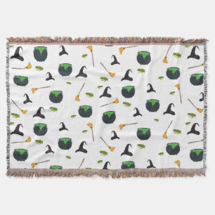 Witch Hat Broom Caldron Halloween Pattern Throw Blanket