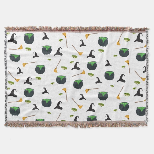 Witch Hat Broom Caldron Halloween Pattern Throw Blanket (Front)