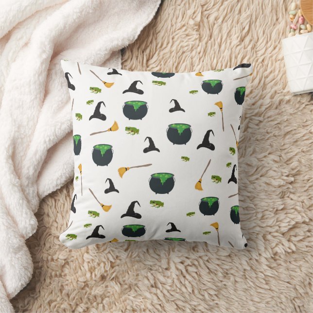 Witch Hat Broom Caldron Halloween Pattern Throw Pillow (Blanket)