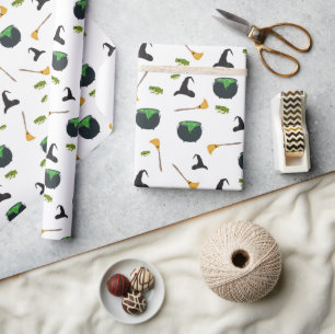 Witch Hat Broom Caldron Halloween Pattern Wrapping Paper